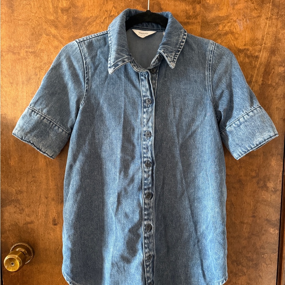 Seraphine Blue Denim Short-Sleeve Button-Up Maternity Top